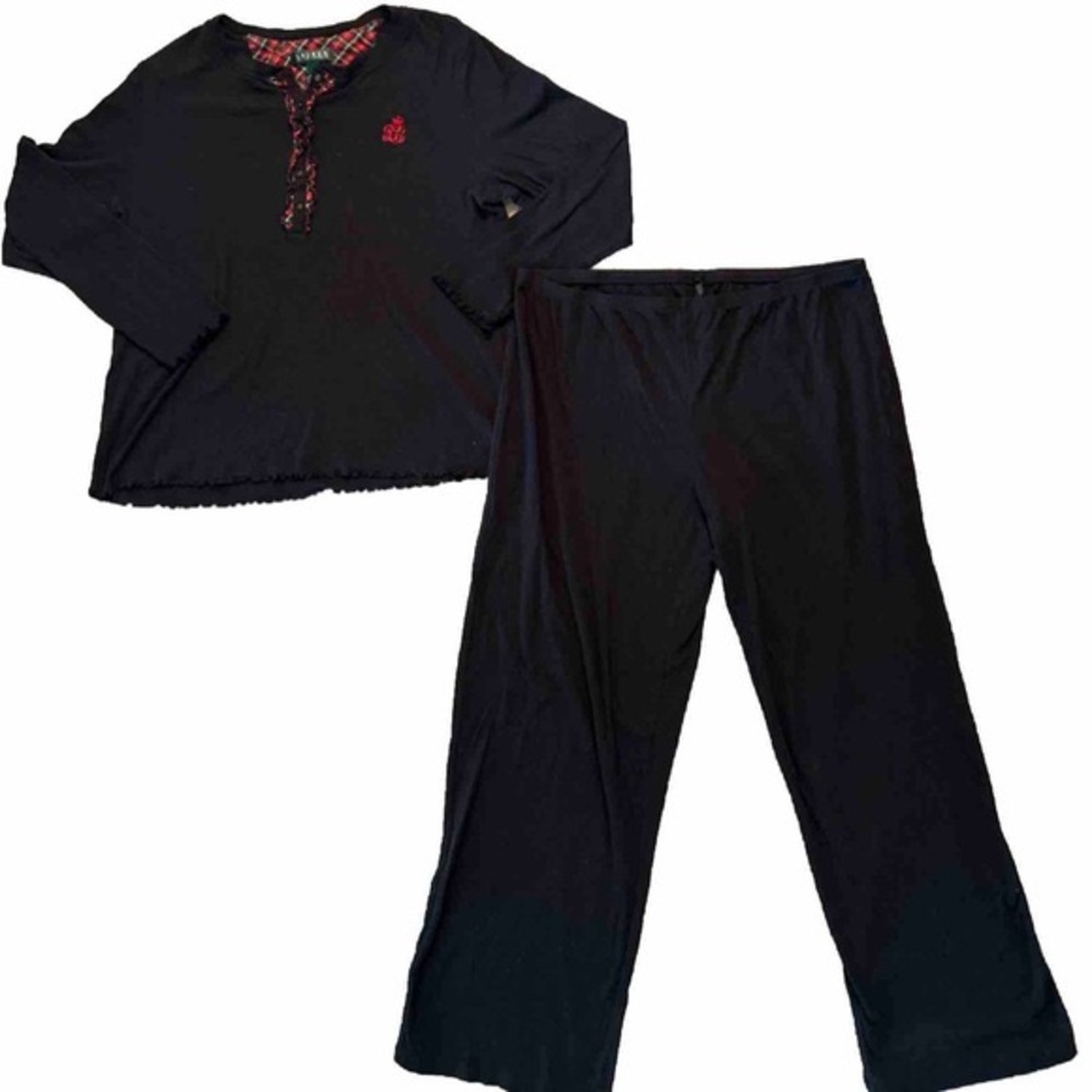 Lauren Ralph Lauren Black Henley Long Sleeve Top & Bottoms Matching Pajama Set